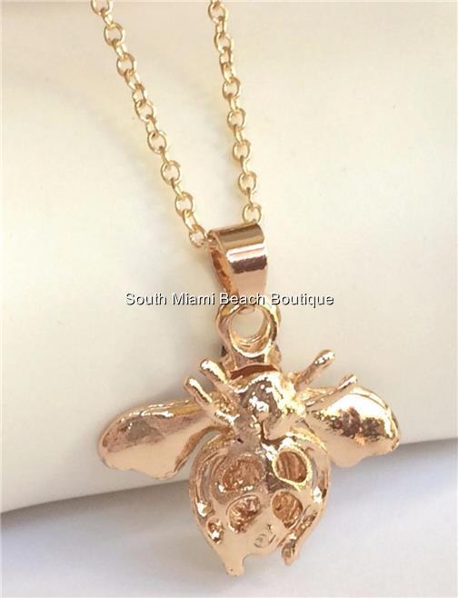Gold Bumble Bee Necklace 18″ Crystal Insect Queen Bea Plated USA Seller