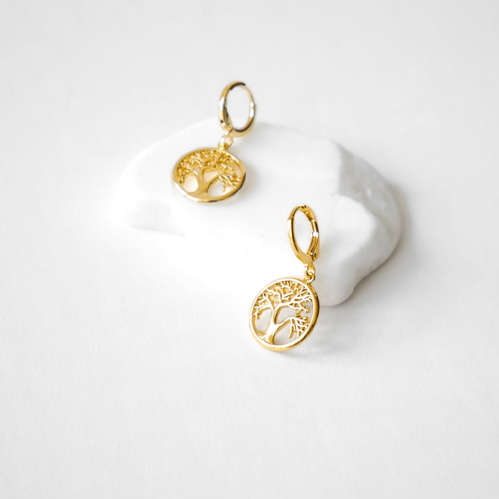 Gold Tree of Life Huggie Hoop Earrings, Charm Jewelry, Gift for Her