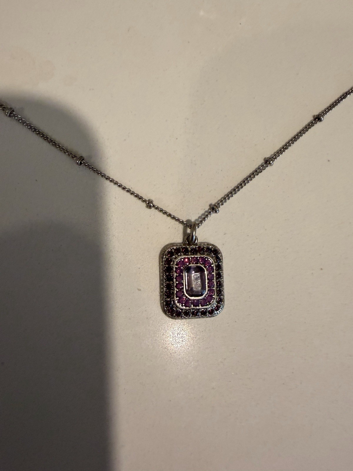 Baked Beads Silver Necklace With Purple Pink Stones NWT