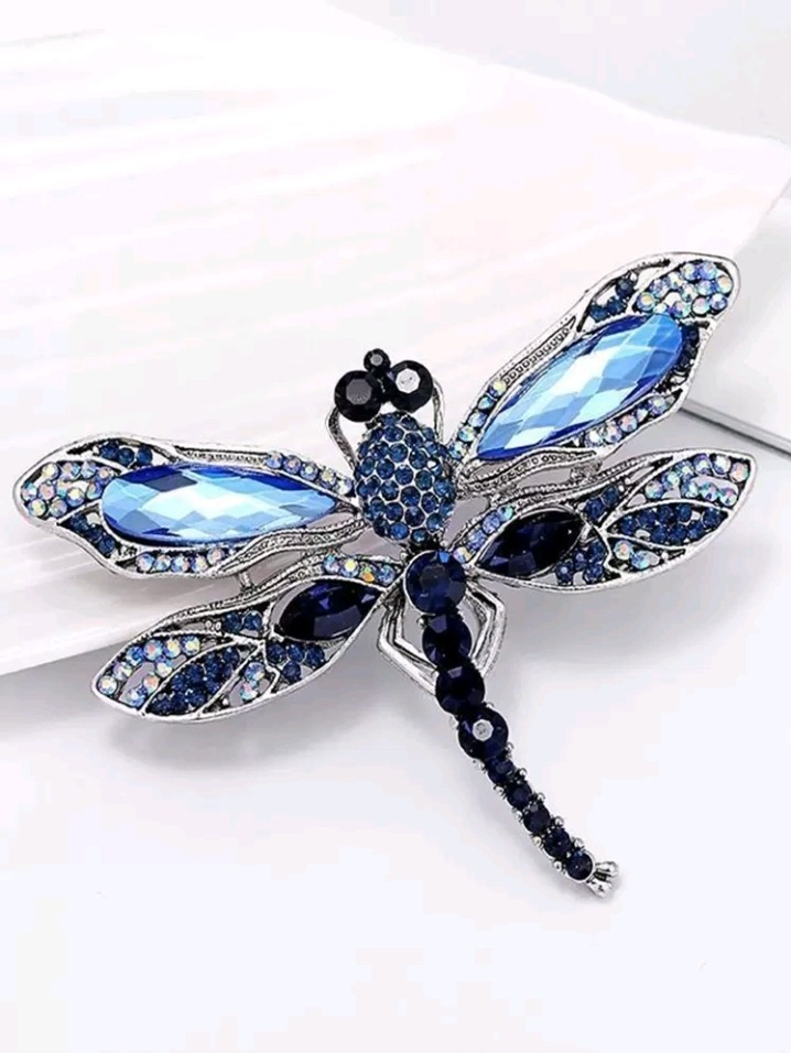 Silver Plated Zinc Dragonfly Brooch Blue and Black CZ