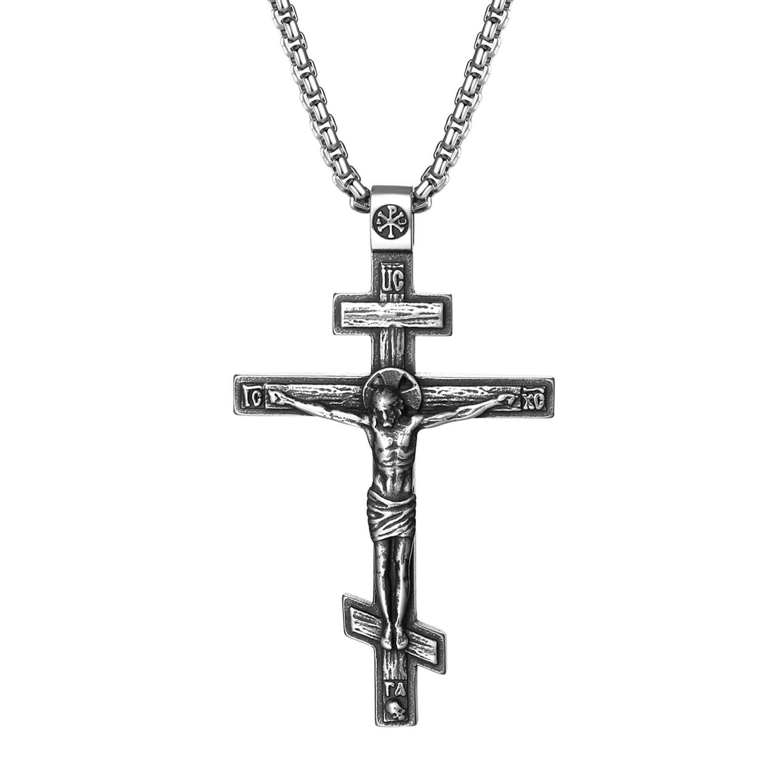 Men’s Eastern Orthodox Cross Necklace Stainless Steel Religious Jesus Pendant