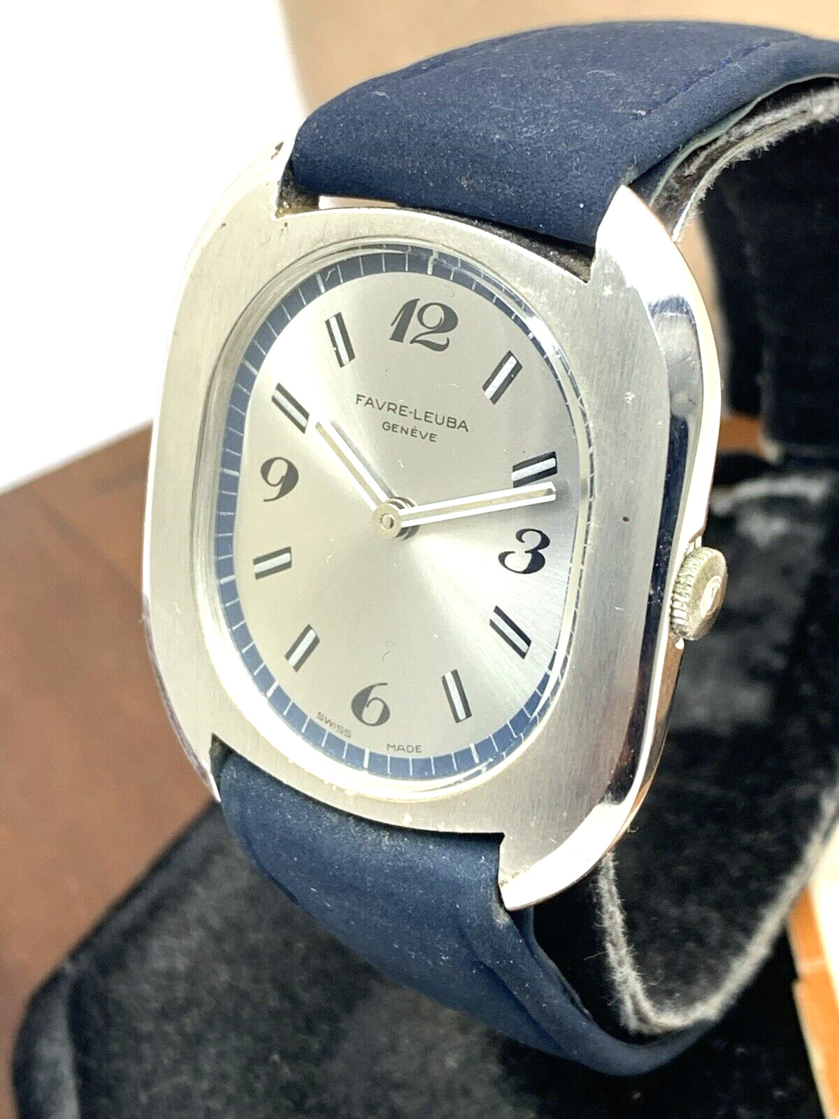 Favre Leuba Unisex Watch Vintage Swiss Mechanical Silver Dial Blue Leather Band