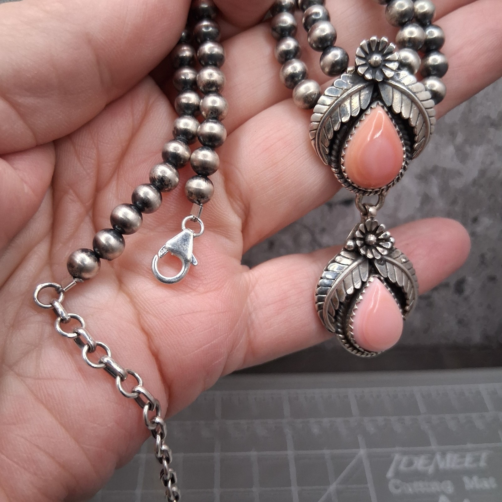 Pink Conch Lariat Necklace 5mm Navajo Pearls 50g Sterling Silver Southwestern