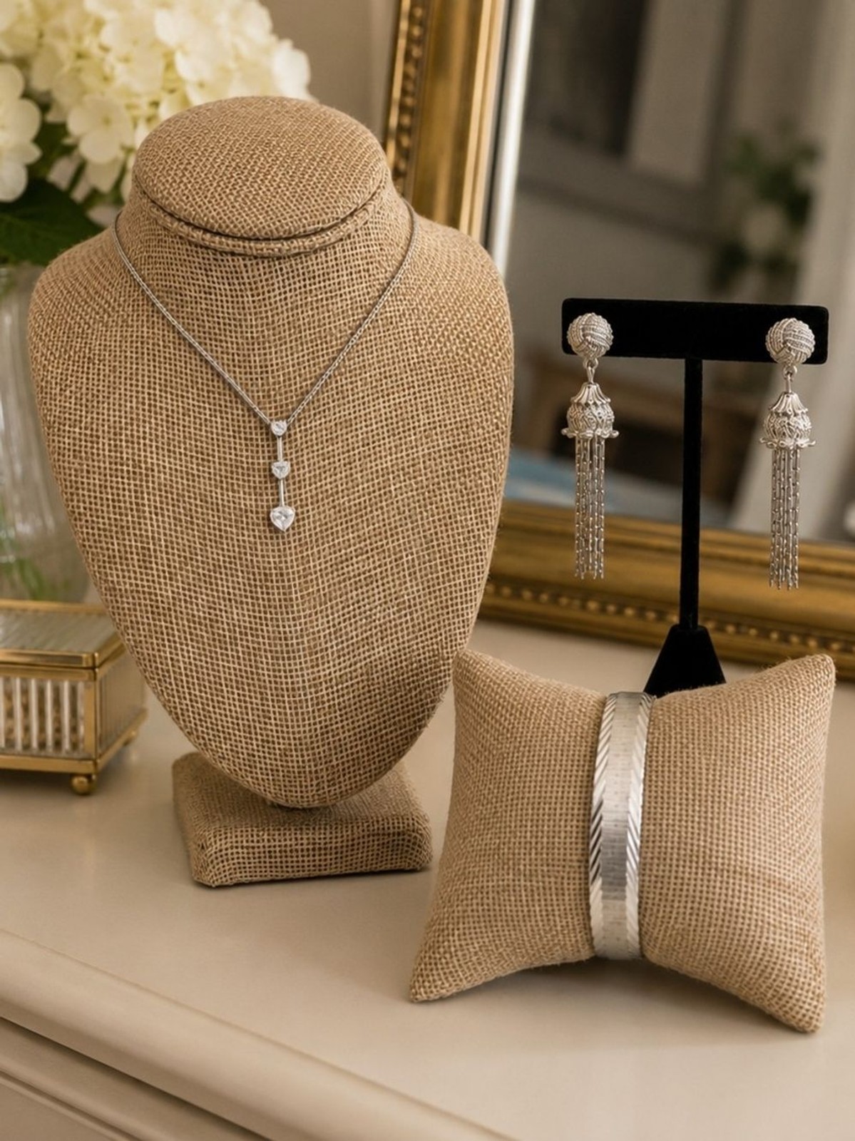 Vintage Monet Silver Tone 3 Piece Jewelry Set Necklace Clip On Earrings Bracelet