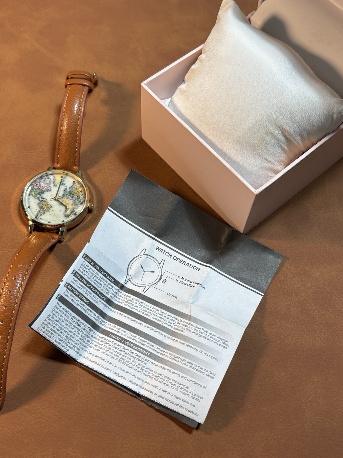 World Map Francescas Women’s Quartz Watch Gold Tone Ladies Leather Band,Box