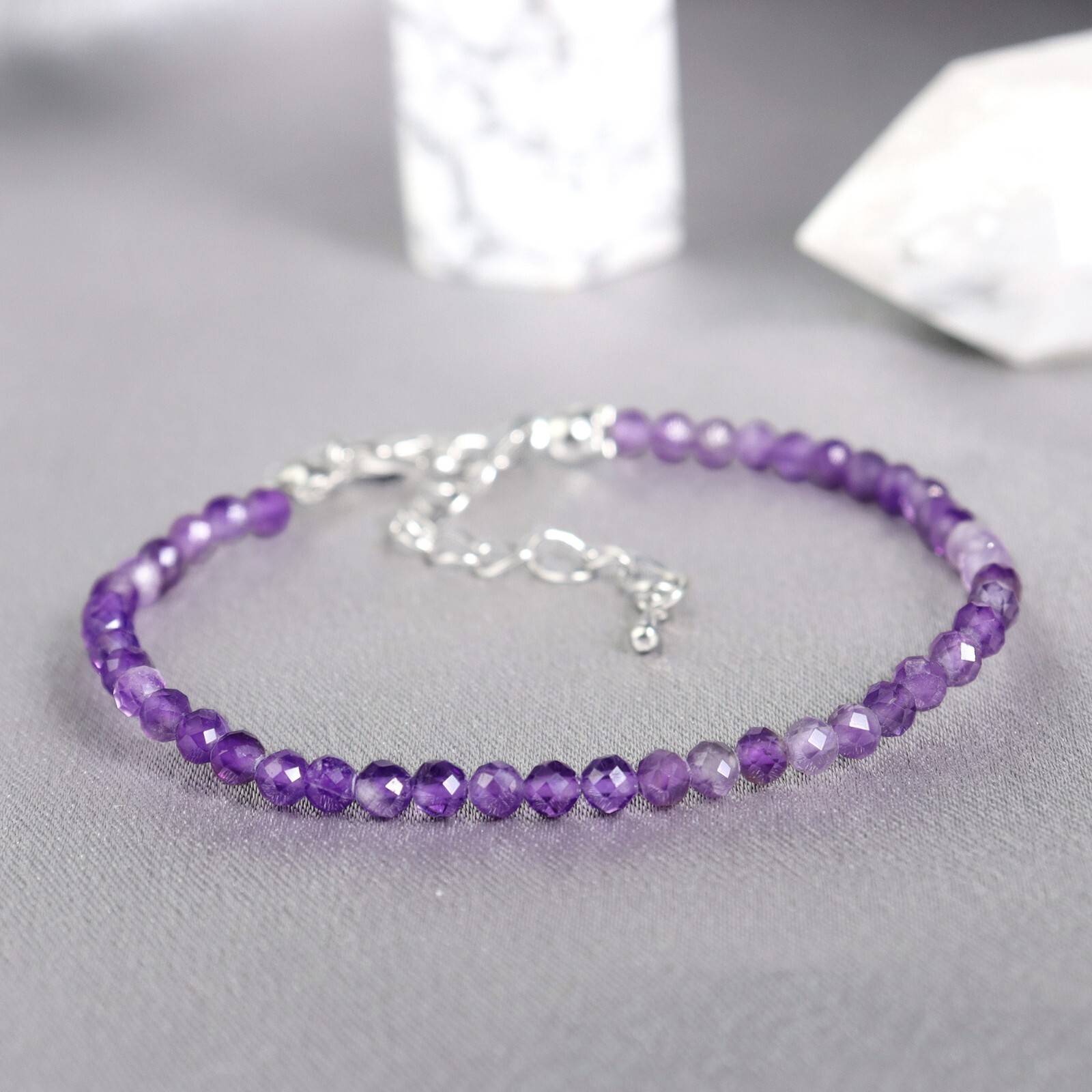 Natural Amethyst Gemstone Beads Healing Calming Dainty Women Crystal Bracelet