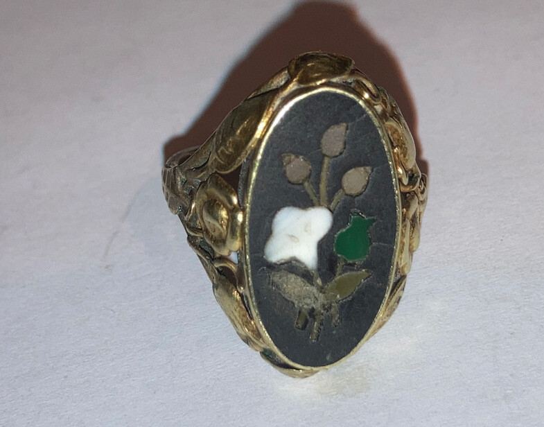 Antique Victorian 14k Gold Pietra Dura Flower Ring Size 6