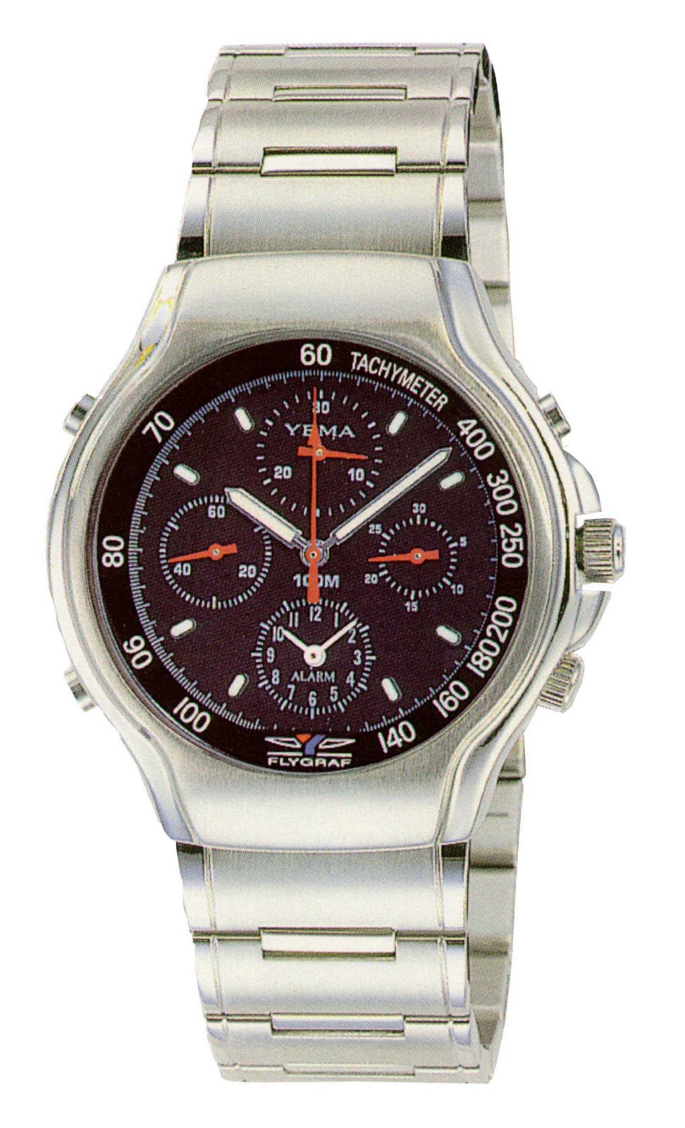YEMA BY SEIKO YE 971 Men’s FLYGRAF Silvertone Alarm-Chronograph Watch NIB 10-ATM