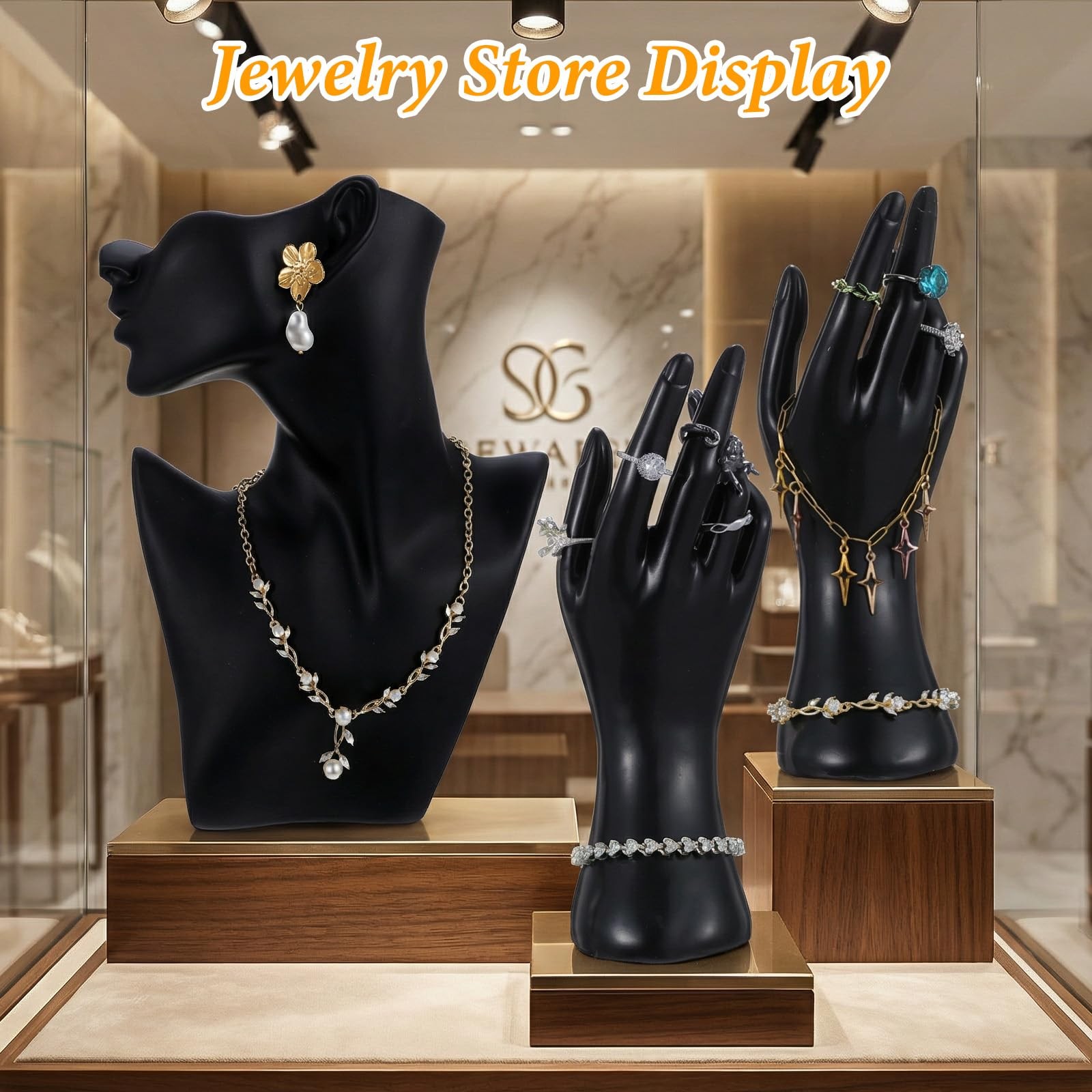 3 Pcs Jewelry Mannequin Display Set – Black PVC Bust Holder with 2 Hand Displ…