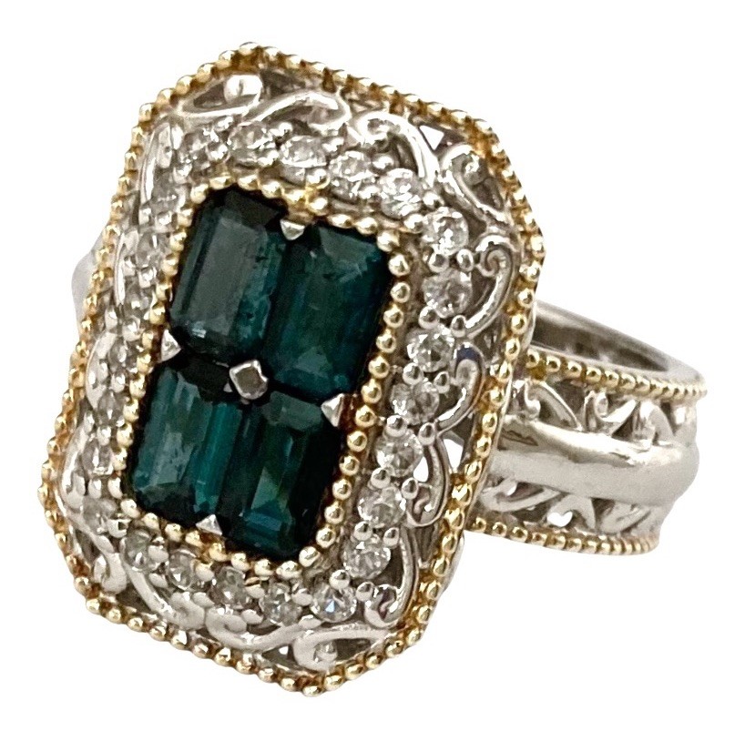 GEMS EN VOGUE 24K Gold Silver Palladium INDICOLITE & WHITE TOPAZ HALO Ring