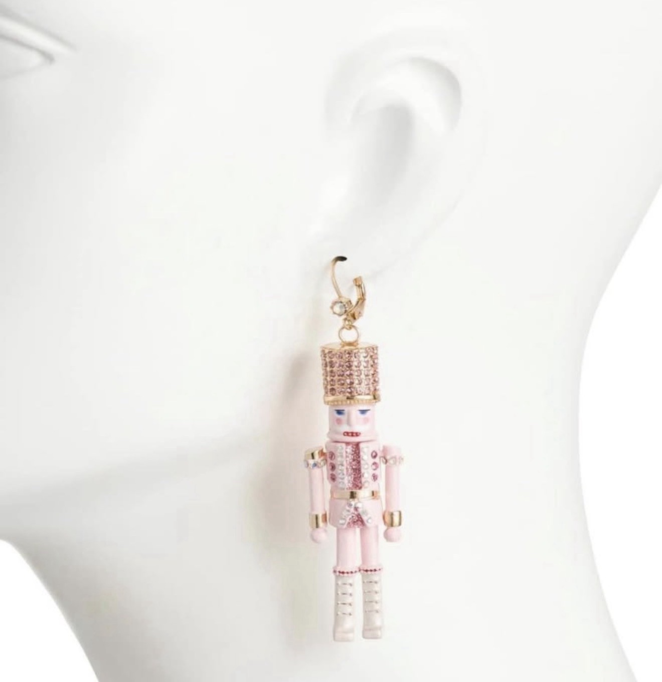 Nutcracker Charm Pendant Necklace Gold Tone Rope Chain Pink Crystal & Pearl