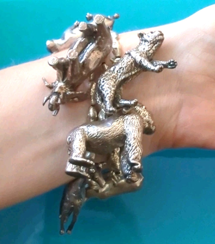 Sterling Silver 114 g 3D SAFARI ZOO Animal Bracelet Lion Gorilla Tiger Elephant*