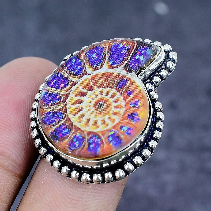 Ammonite Fossil Gemstone Handmade 925 Sterling Silver Jewelry Ring Size 7 v589
