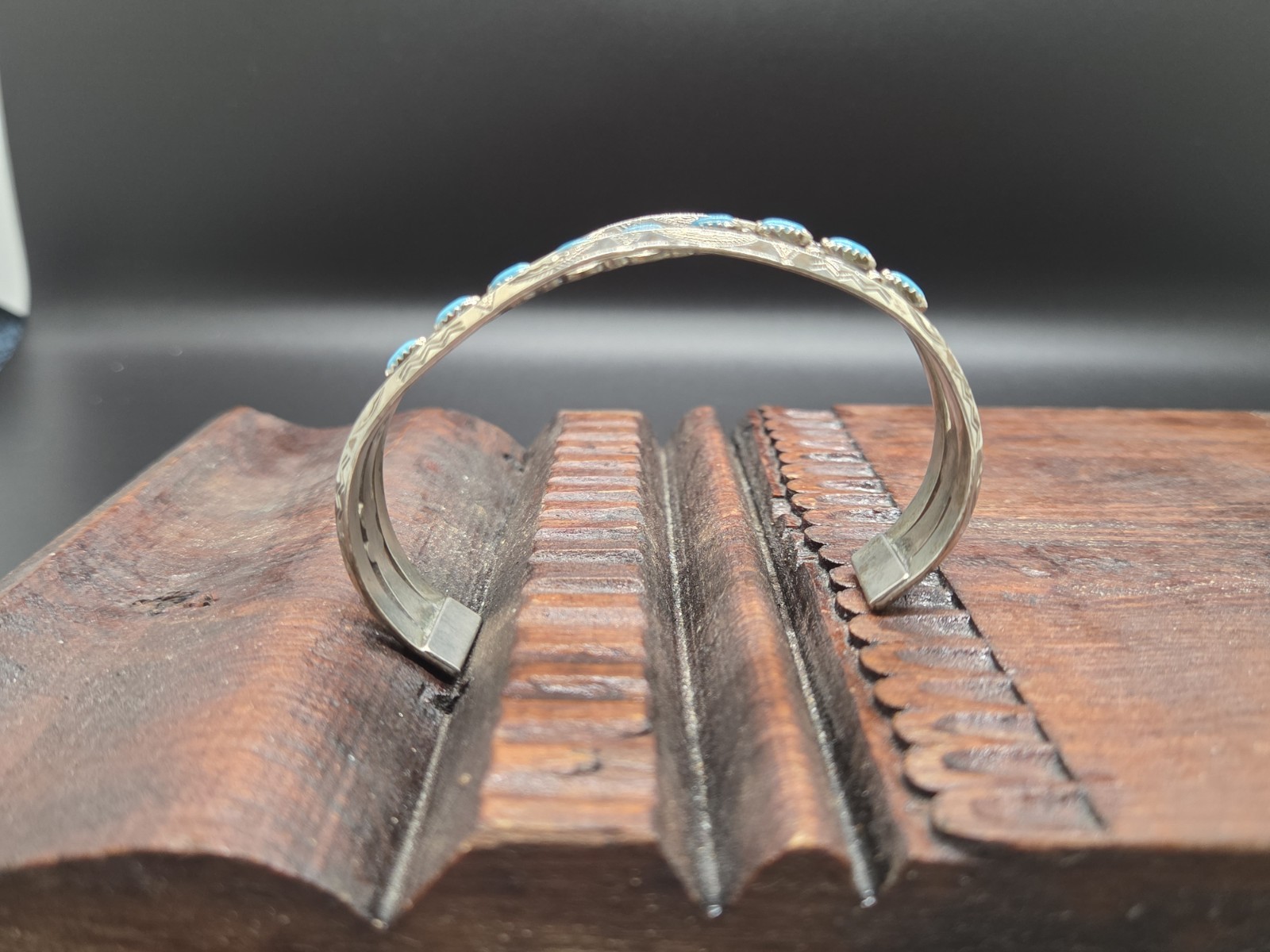 Vtg NICKLE SILVER BELL TRADING POST Southwest Navajo TURQUOISE Cuff Bracelet