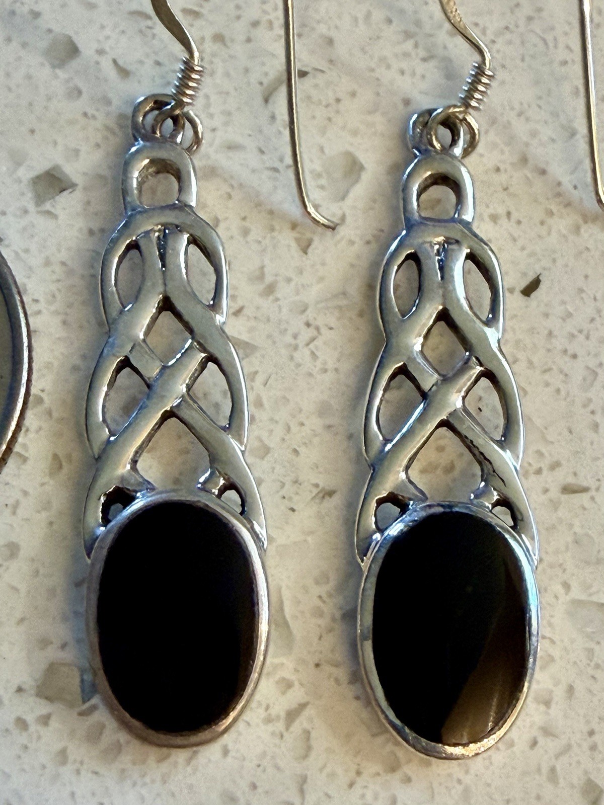 Black Onyx 925 Sterling Silver Celtic Endless Weave Knot Dangle Earrings EUC