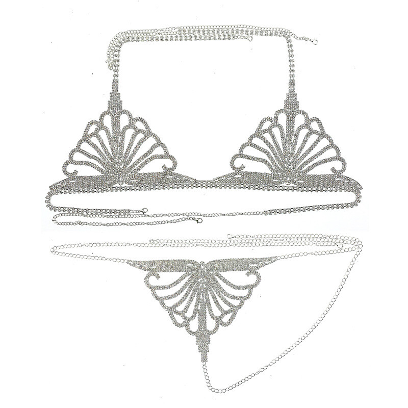 Women’s Rhinestone Chain Lingerie Bra Thong Set Bikini Body Jewelry Chain Gift！！