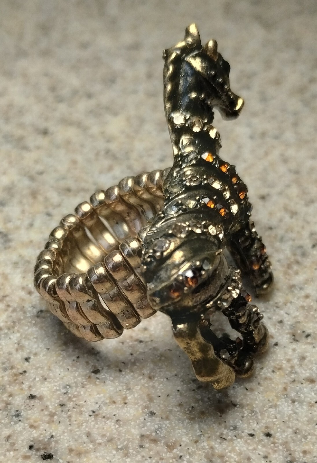 Horse Pony Adjustable Stretch Ring Wide Band Jewelry Sparkles Gold Tone