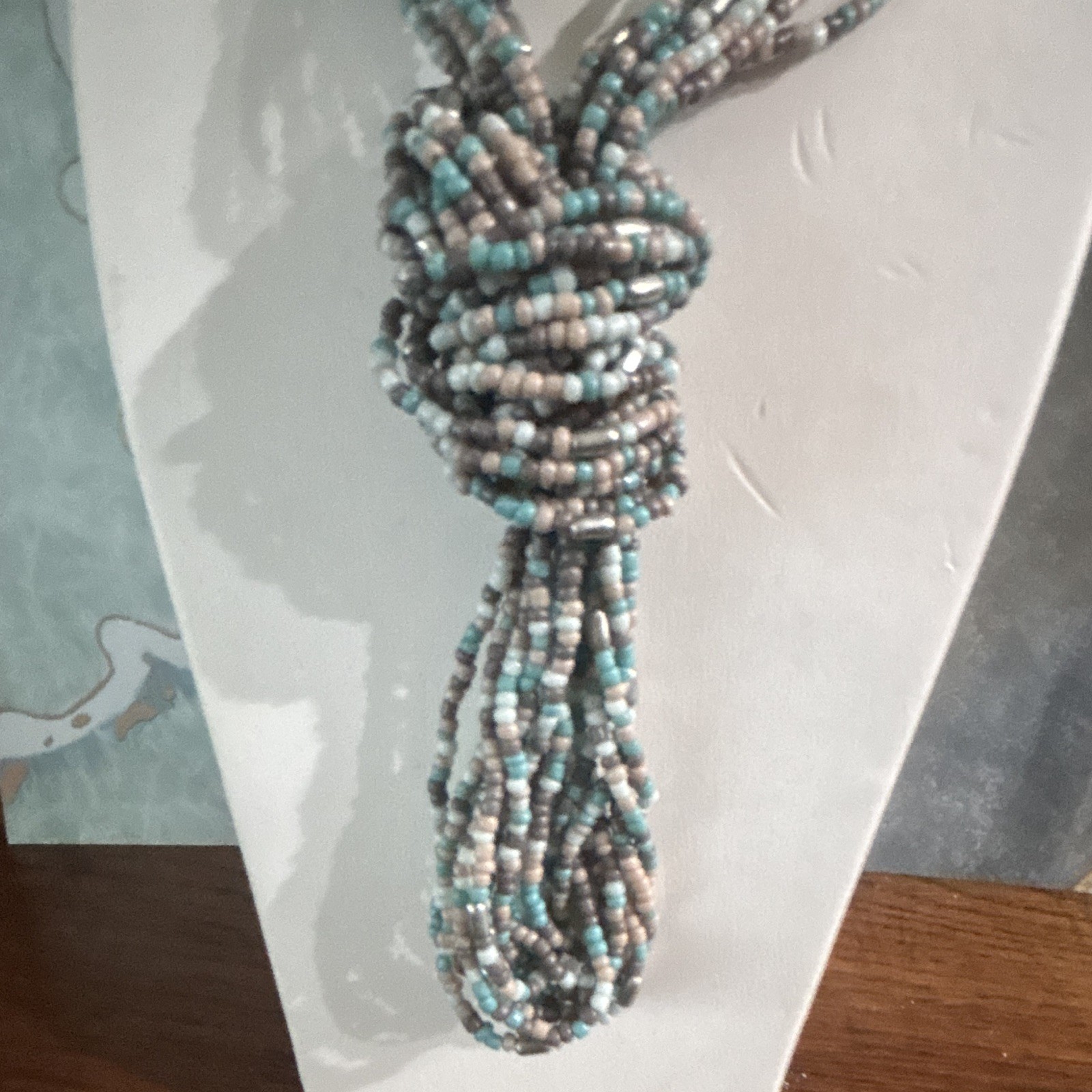 Aqua & Beige Bohemian Multi-Strand Beaded Knot Pendant Ball/Bead Necklace