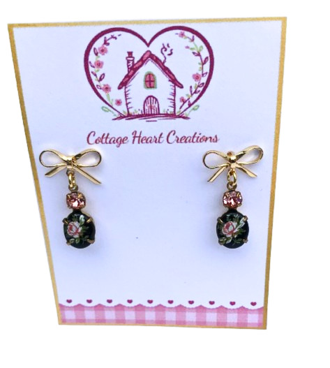 Vintage Style 18K Gold Plated Bow Black Pink Rose Crystal Drop Earrings Romantic