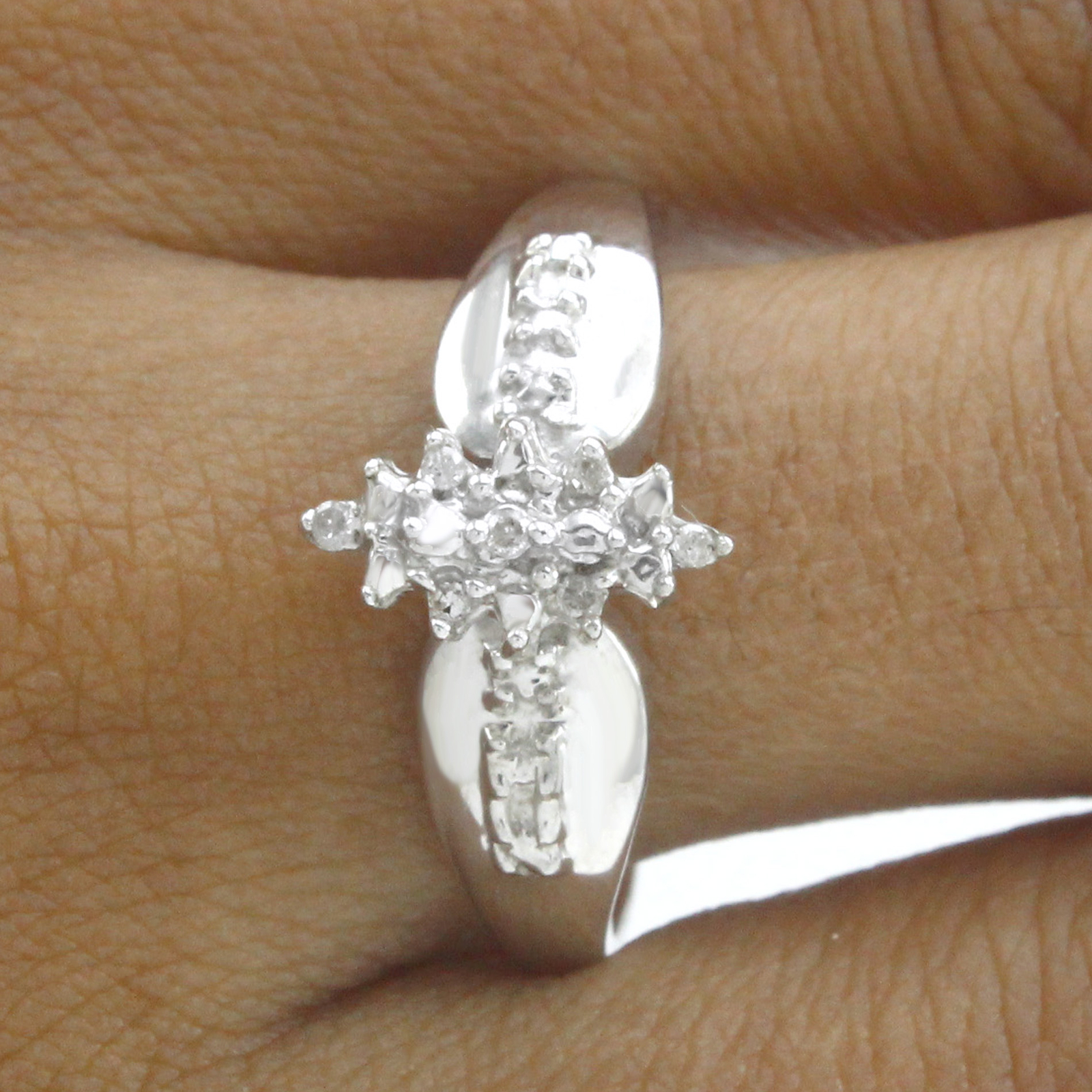 14K White Gold Plated Round Cut White Natural Diamond Accent Cluster Ring