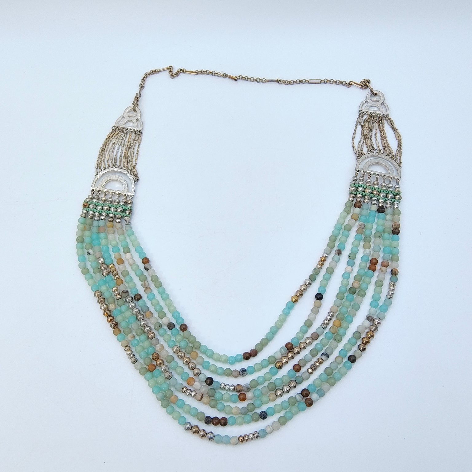 Boho Multi-Strand Beaded Necklace 18″ Amazonite Jasper Silver Tone Statement