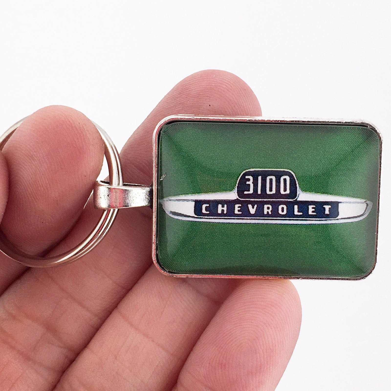 Vintage Chevrolet 3100 Chrome Fender Emblem CHOOSE BACKGROUND COLOR Keychain