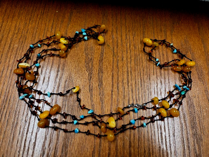 Artisan Genuine Amber Turquoise 84″ Beaded Necklace Multi Strand Knotted Cord