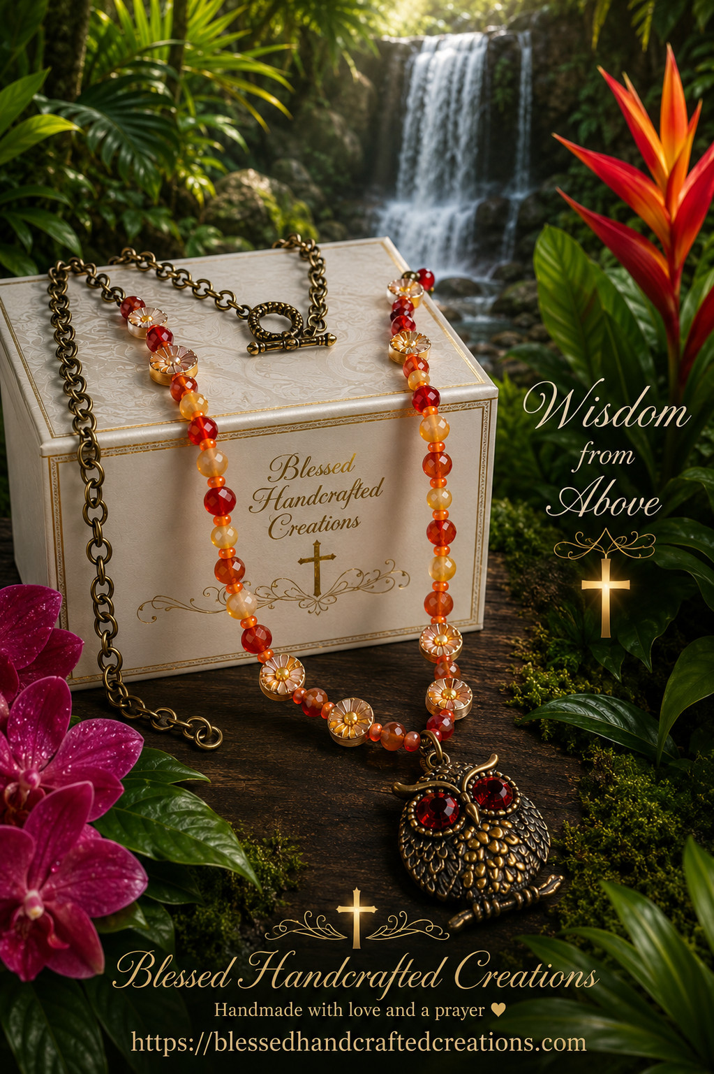 Necklace made with red agate and antique bronze owl, glass AB flowers