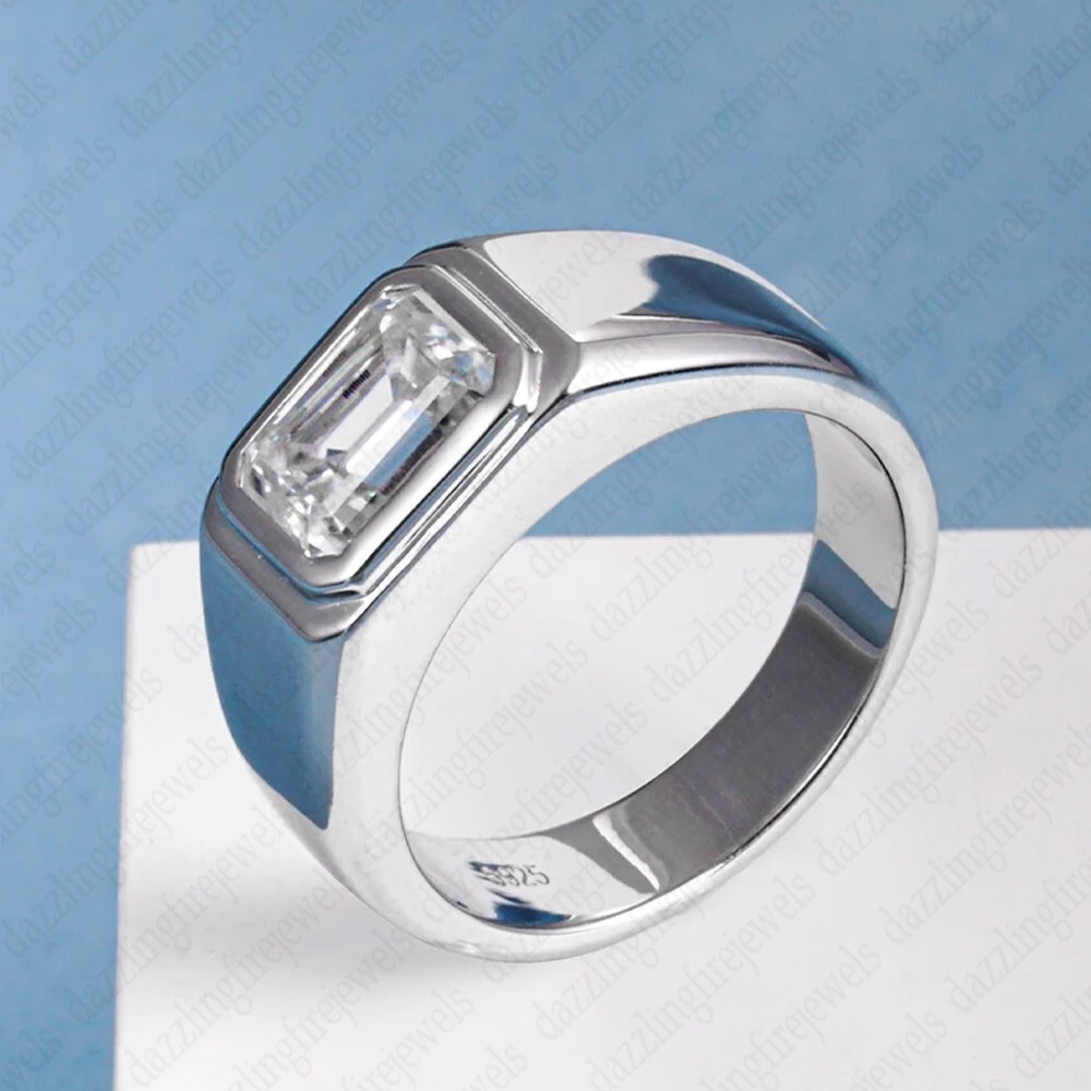 2.19 Ct Emerald Cut Moissanite Bezel Engagement Ring 14K White Gold Plated