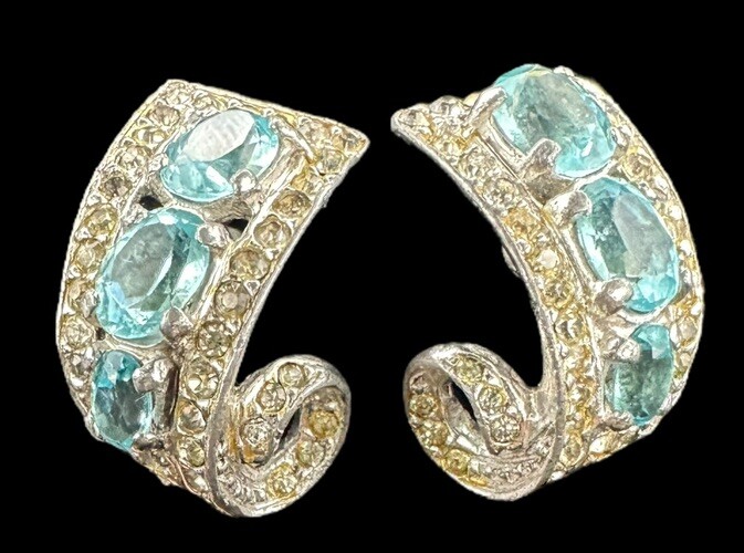 Vtg 40s Art Deco Style CASTLECLIFF AQUA BLUE & Clear Rhinestone Clip Earrings