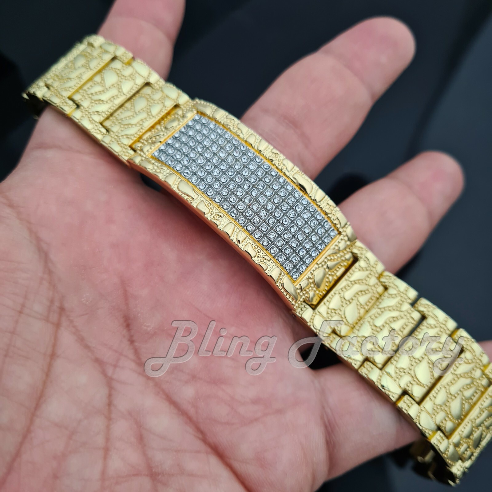 Hip Hop Simulated Diamond Gold Plated Bling Golden Nugget 8.5″ Fashion Bracelet