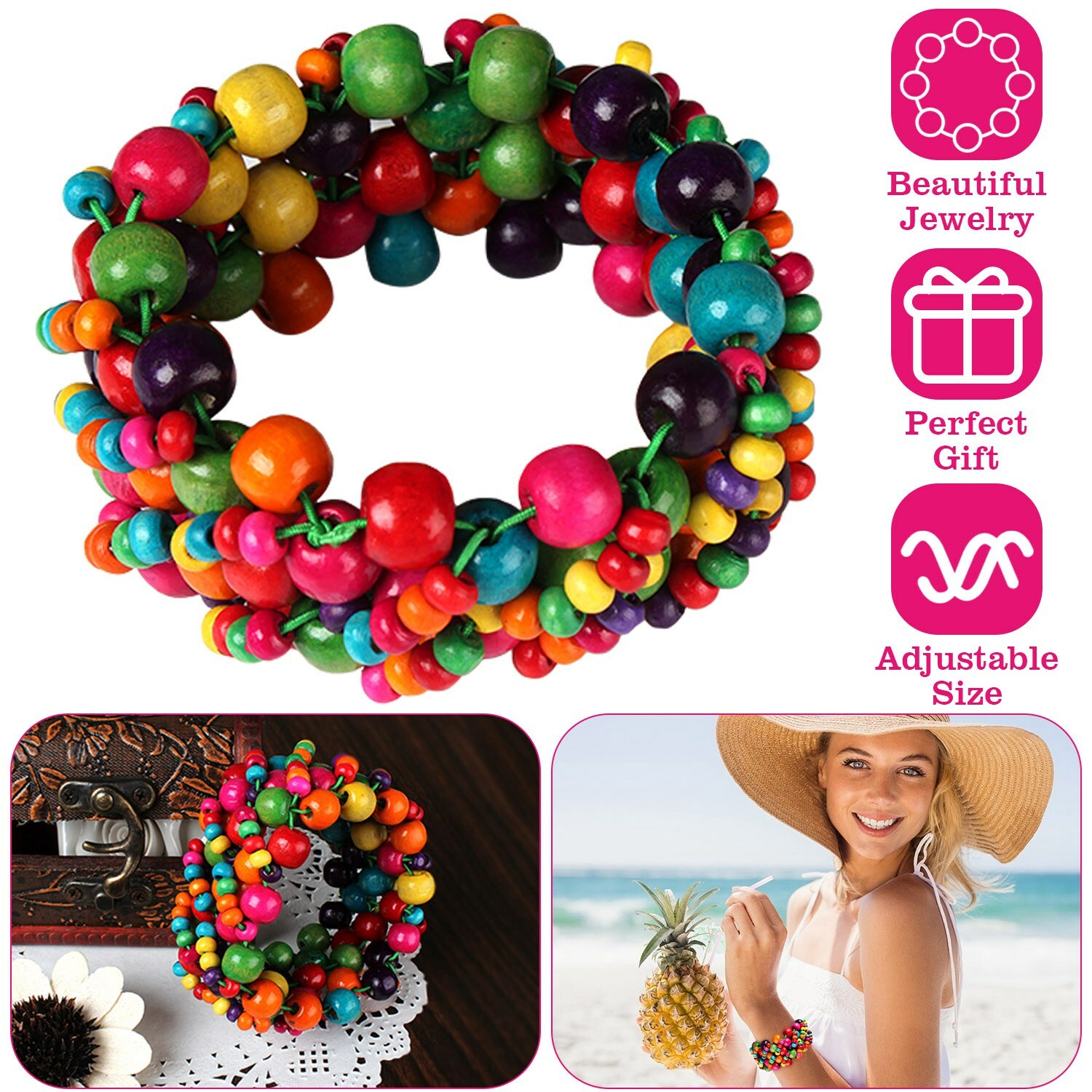 Women’s Fashion Retro Colorful Bracelet Wood Bead Bright Bohemian