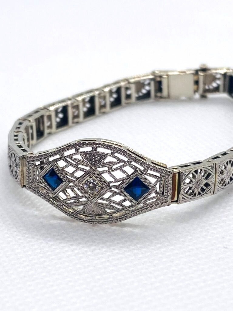 14K White Gold Die Struck Art Deco Diamond and Lab Created Sapphire Bracelet 6.5