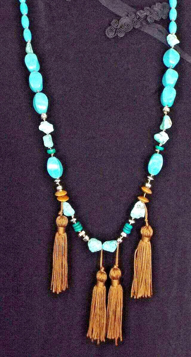 Chico’s Faux Turquoise Beads Gold Fabric Tassels Leather Cords Long 38″ Necklace