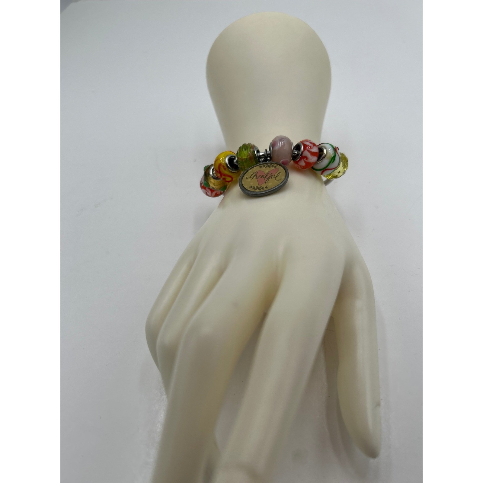 Thankful Heart Charm Lampwork Glass Bead Silver Tone Torque Boho Bangle Bracelet