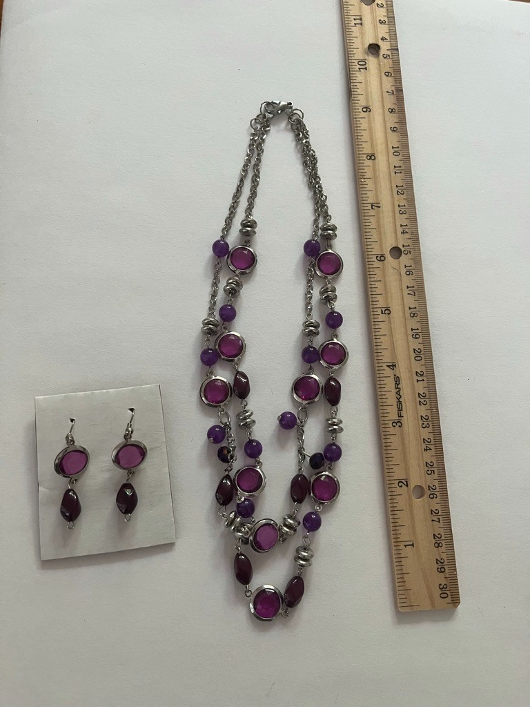Purple & Silver Multi-strand Necklace & Matching Earrings Faceted Plum Crystal