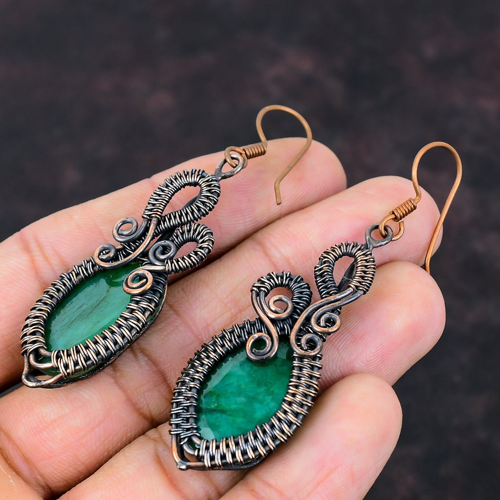 Zambian Emrald Gemstone Hook Drop Dangle Wire Wrapped Earrings Jewelry Copper