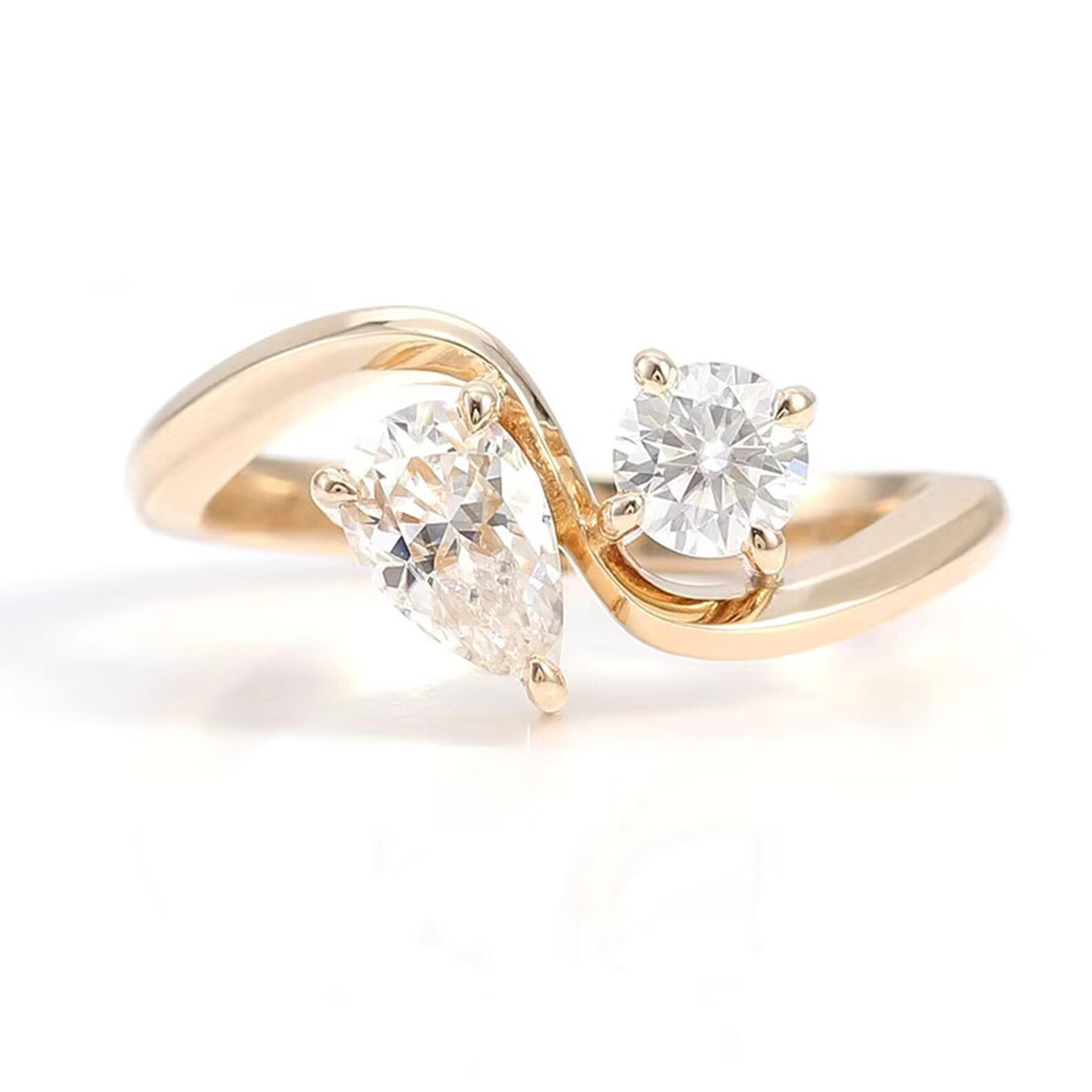 Toi et Moi Pear & Round Lab Grown Diamond Ring SGL Certified 10K Solid Gold 1CTW