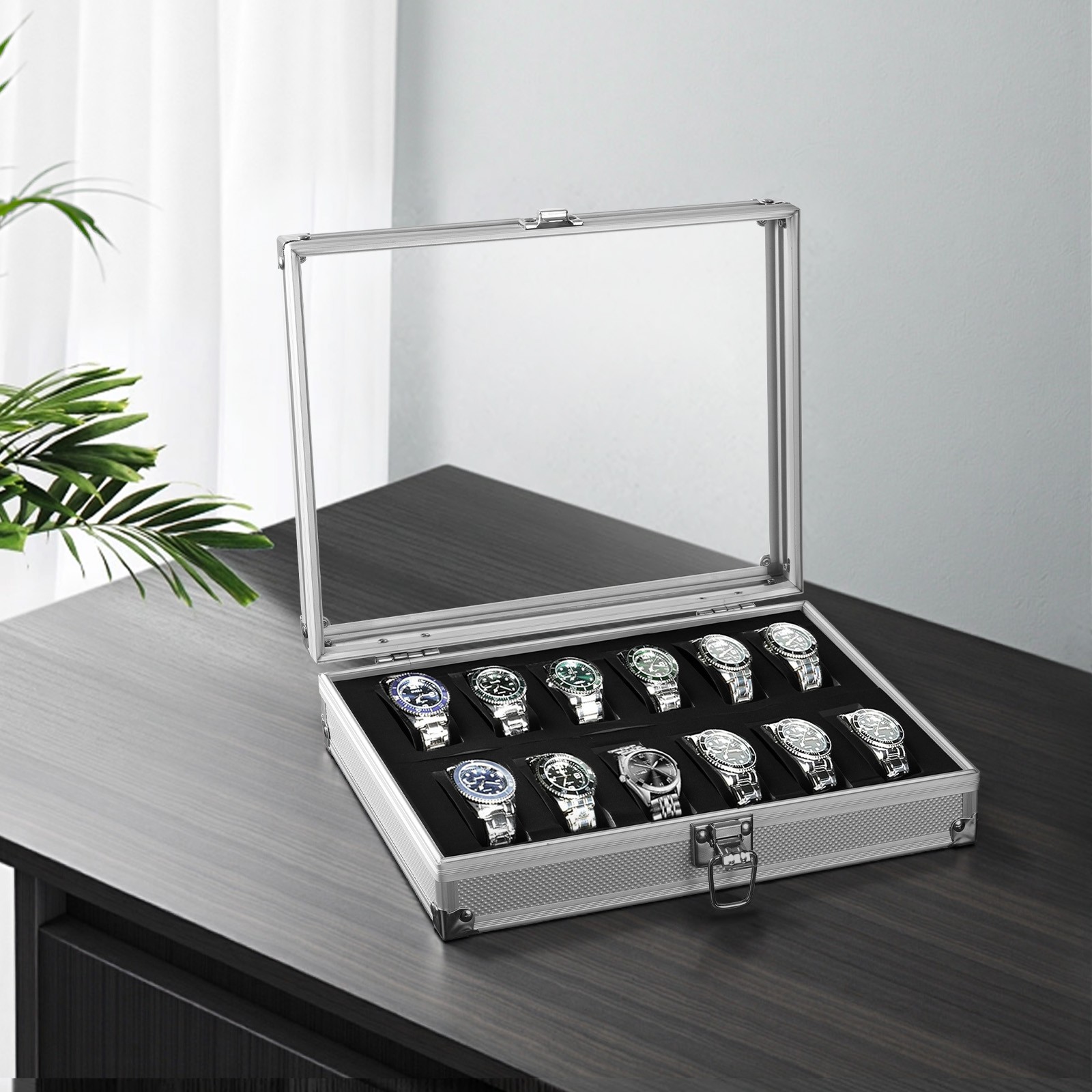 Lockable Aluminum Watch Display Case 12 Slot Watch Jewelry Storage Showing Box