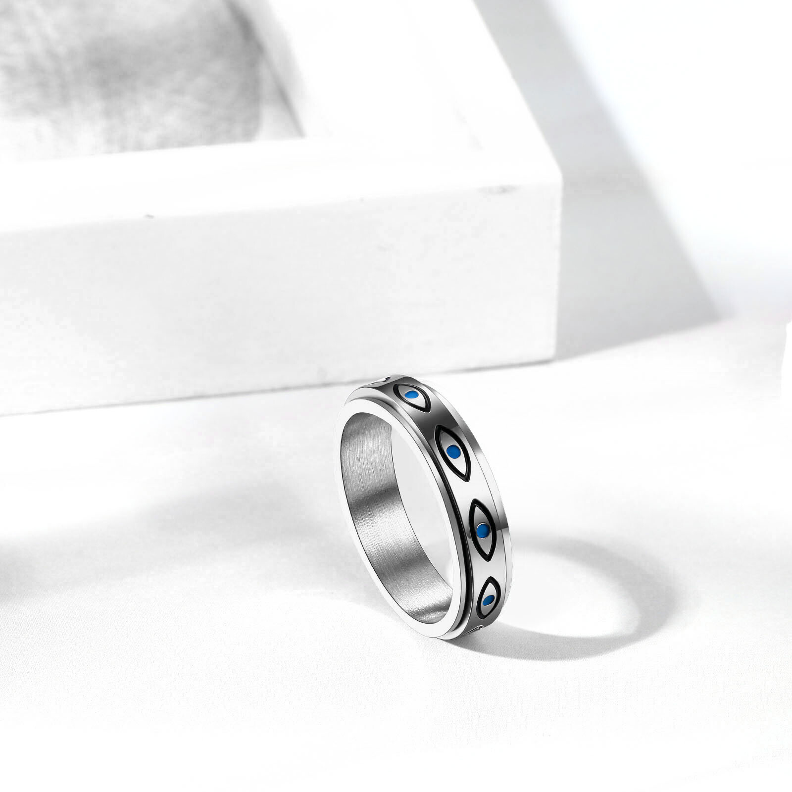 Evil Eye Spinner Ring Anti Anxiety Fidget Stainless Steel Rotate Band Men Women