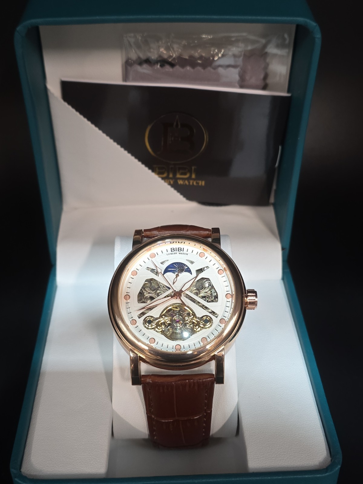 BIBI Luxury Watch Automatic Skeleton Rose Gold, Leather Band