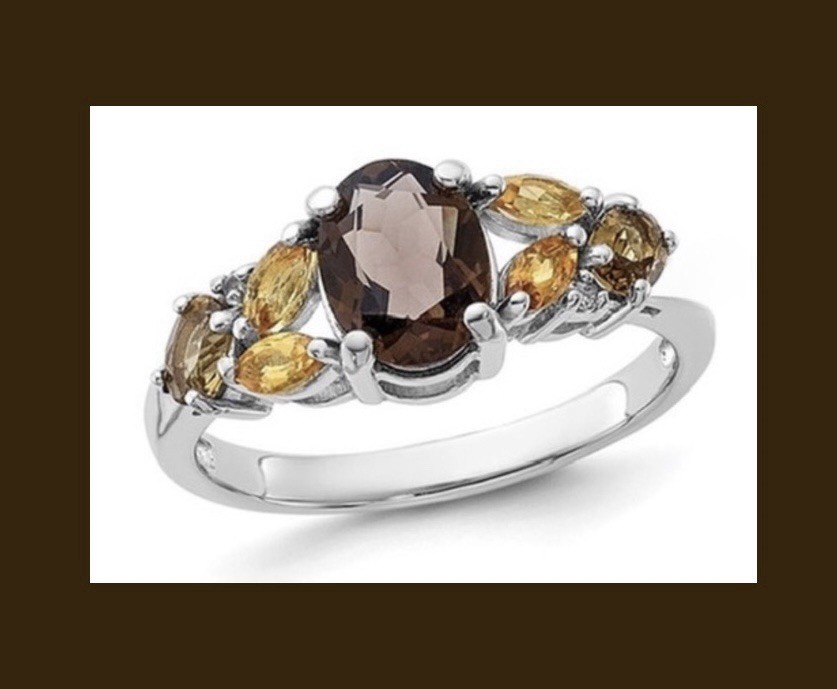 DEAL FINE 925SS Smoky Quartz Necklace, Smoky & Whiskey Quartz Citrine Ring 8 Set