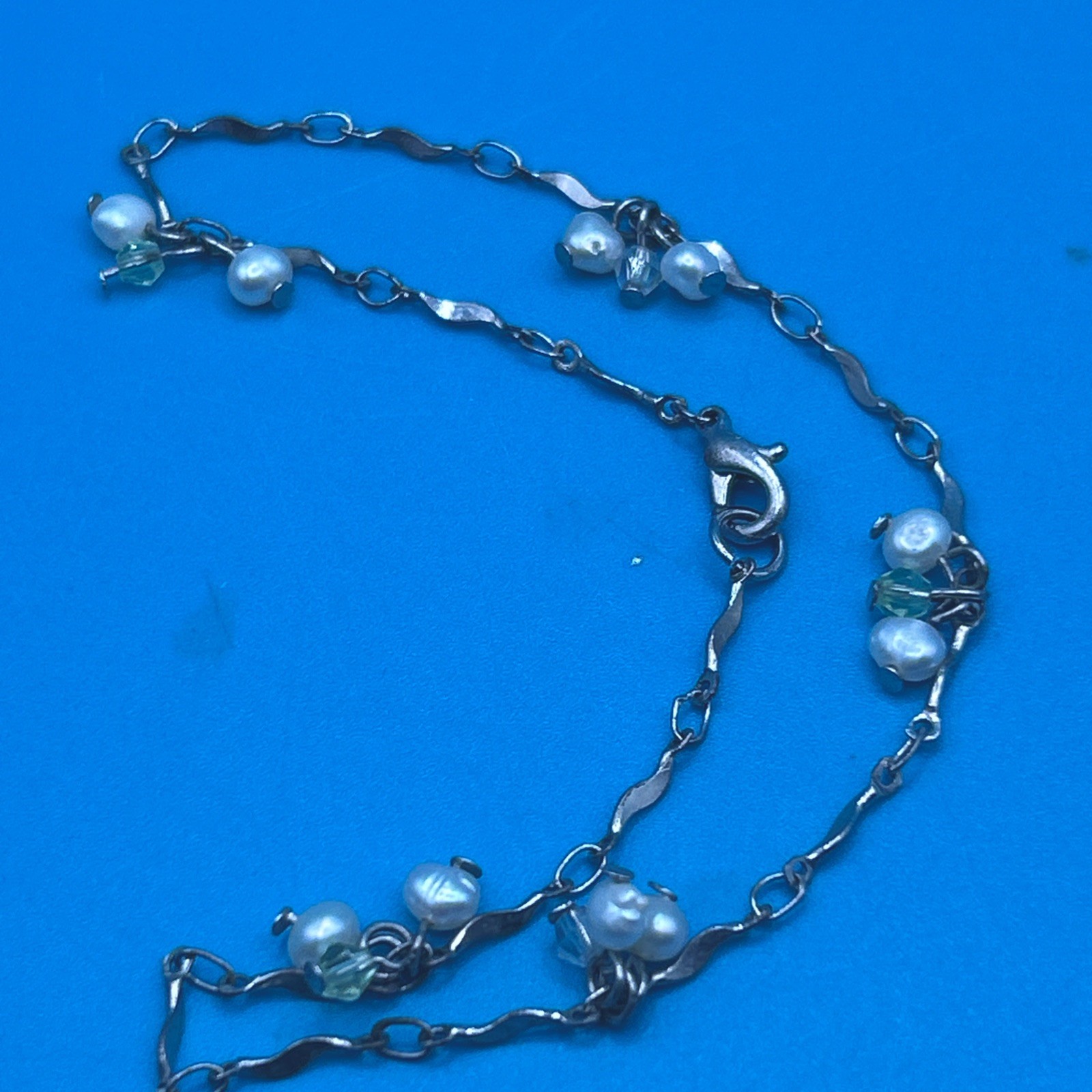 Vintage Silvertone Fresh WaterPearl Dangle Anklet Wave Chain 9.5 Inches