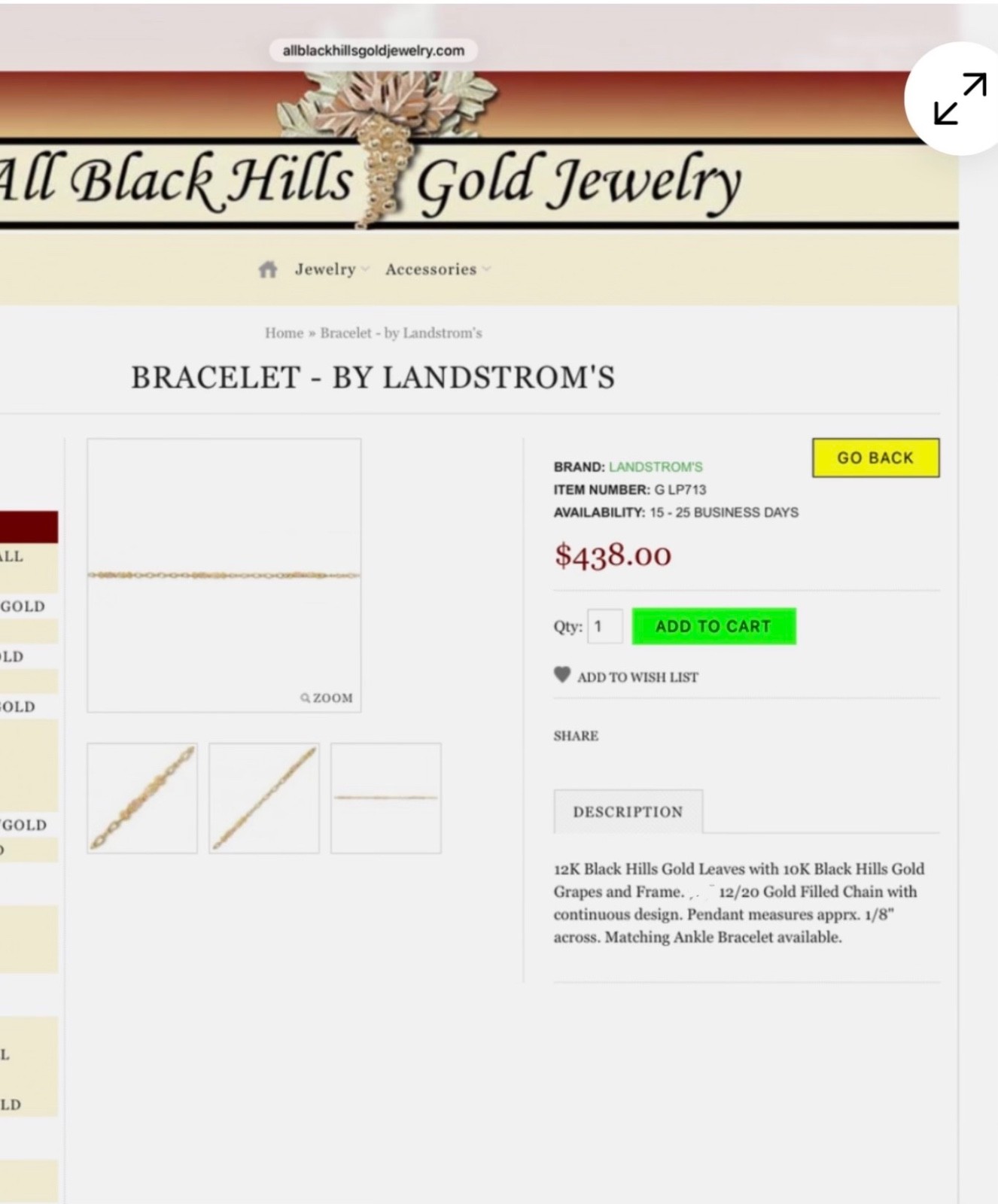 Black Hills Gold 10k Landstrom’s Medallion Leaves Bracelet 6 1/2 Inch
