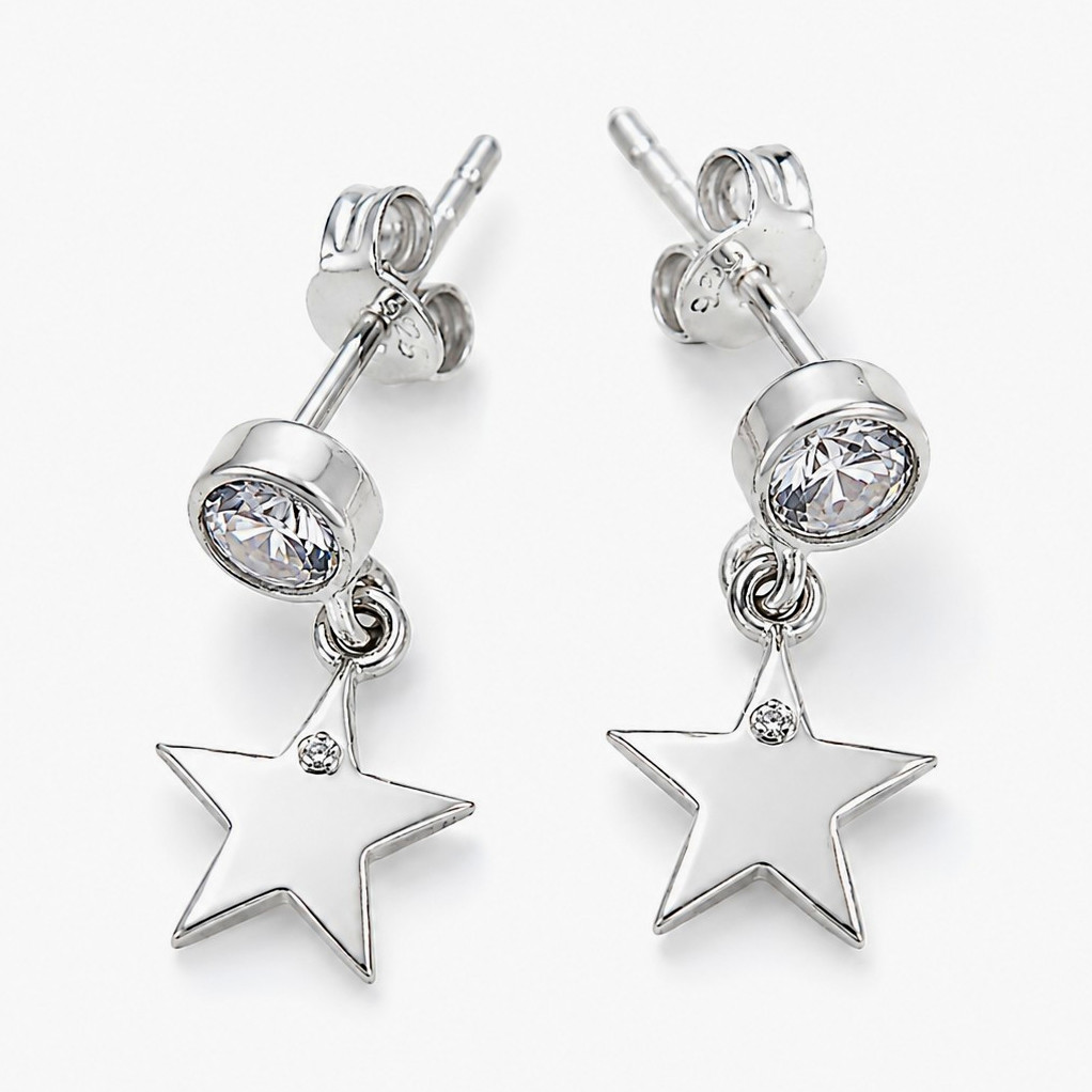 Silver 925 Star Crystal Round Stud Dangle Drop Earrings Butterfly Back Lobe