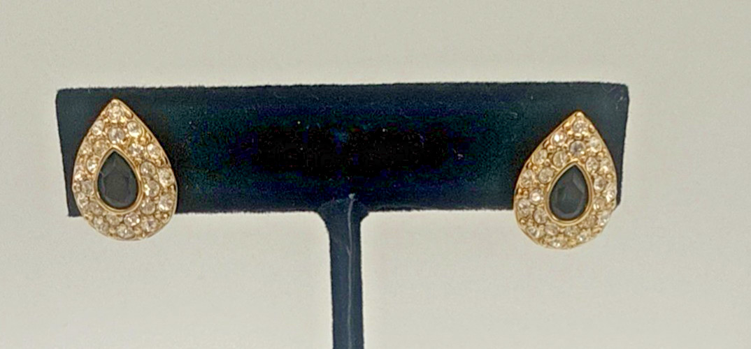 Swarovski Angelic Pear Pierced Earrings Jet Black Crystal Gold Tone Swan Logo