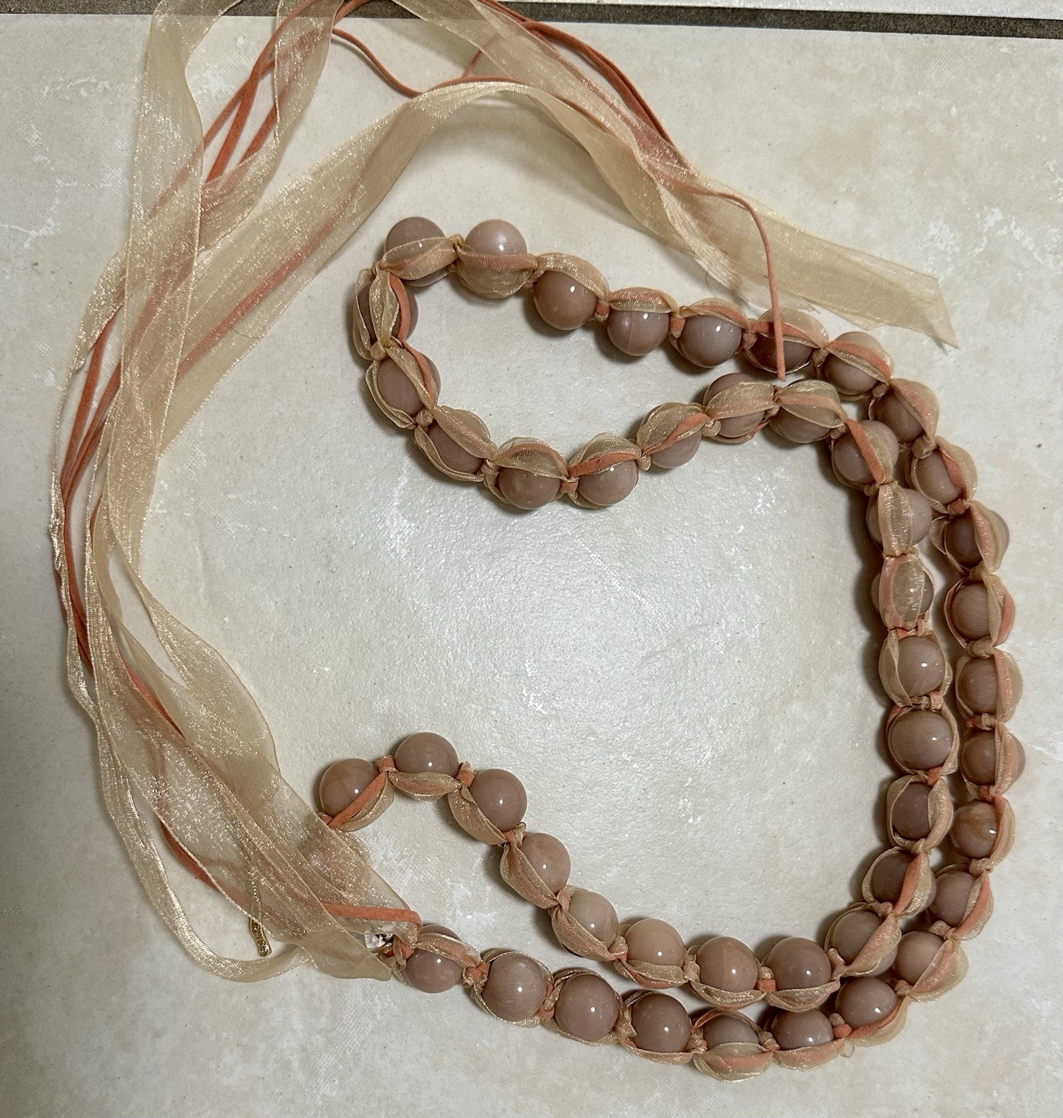 Simon Alcantara Wrapped Pink Quartz Bead Strand Statement Necklace Ribbon Suede