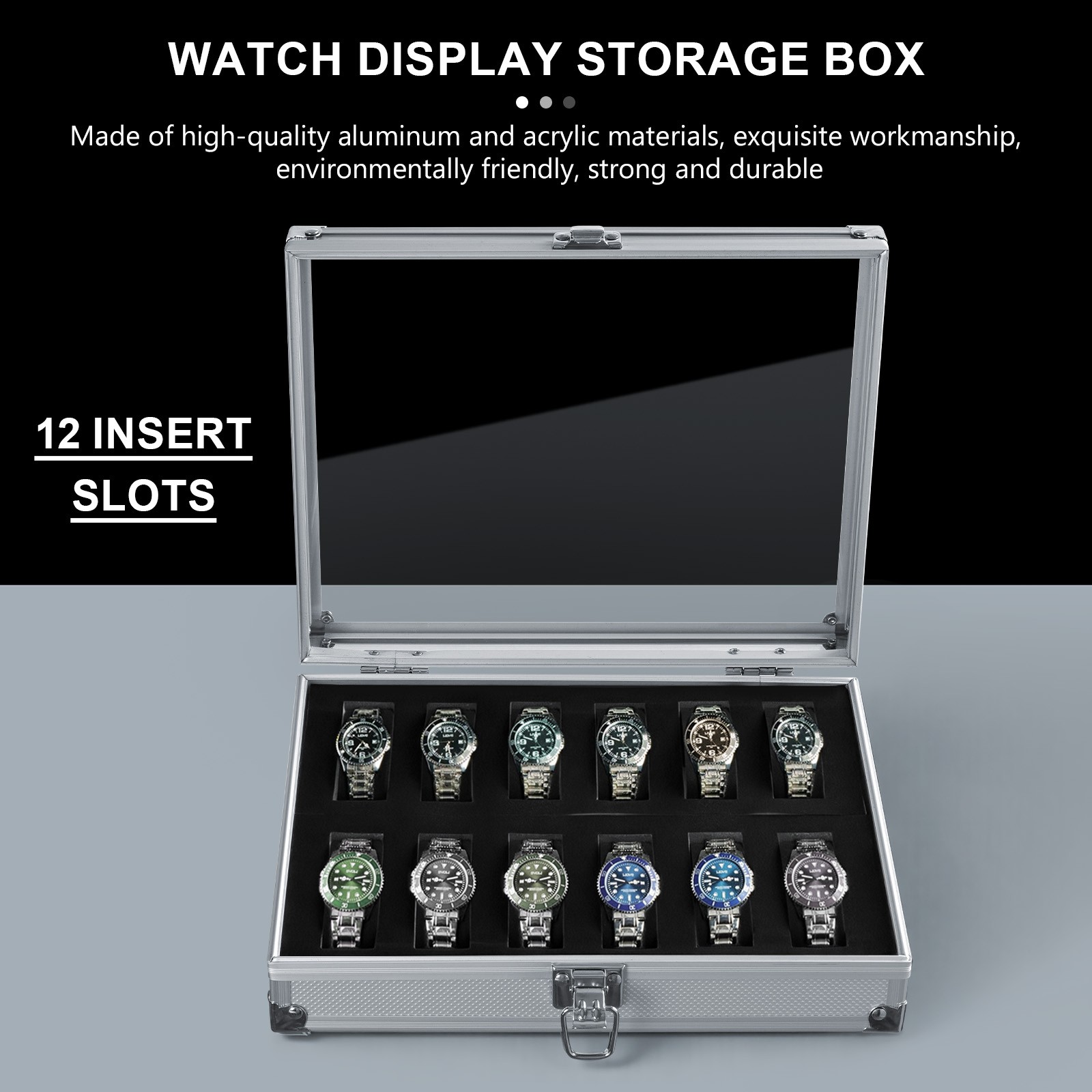 Lockable Aluminum Watch Display Case 12 Slot Watch Jewelry Storage Showing Box