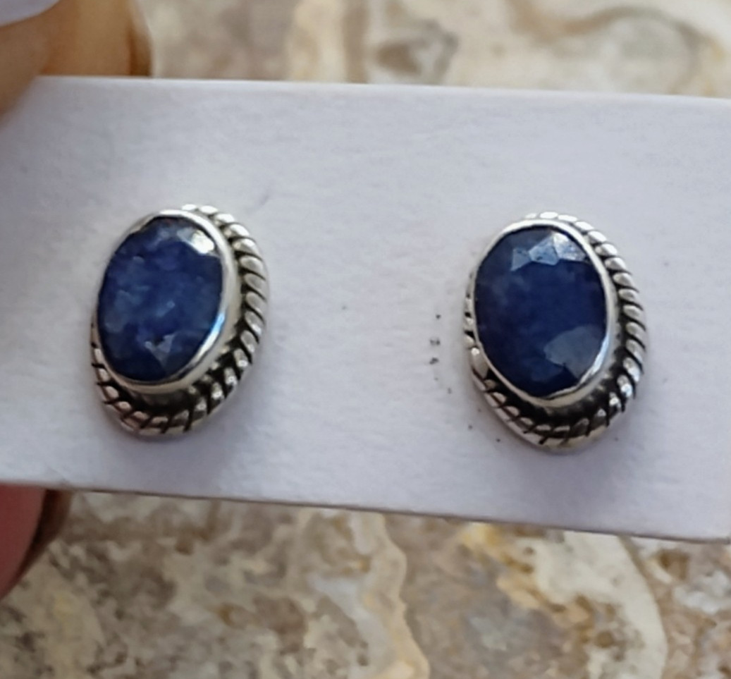 Sterling Silver Faceted Blue Sapphire Stud Earrings & Pendant Set Dainty Elegant