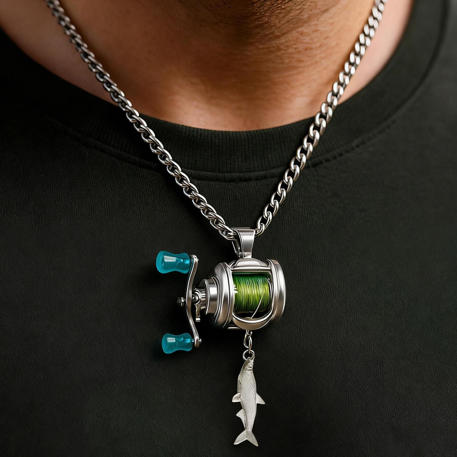 Fishing Reel Jewelry Set Realistic Sparkling Fishing Enthusiast Pendant Necklace